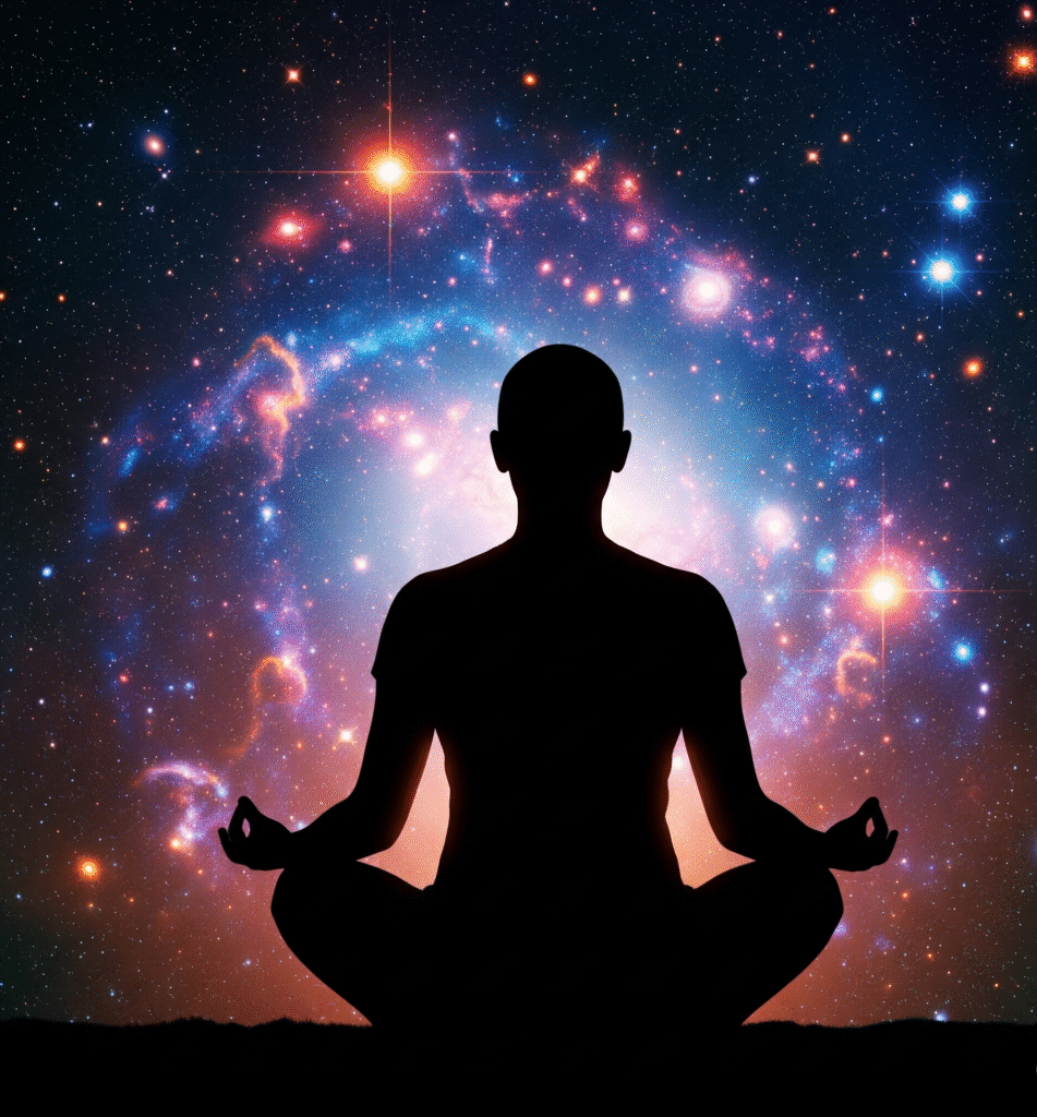 a photo of a shadow human meditating in front of the universe