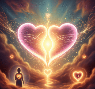 An ethereal and warm image symbolizing love and relationships. Two large, glowing hearts, in shades of pink and gold, open toward each other, connected by threads of light. A mending broken heart and a silhouette with an open heart are also visible in the dreamy, colorful background, representing healing and self-love.
