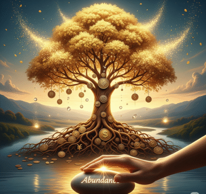 An ethereal, high-quality image symbolizing the manifestation of wealth and prosperity. A majestic golden tree with roots intertwined with ancient coins rises from a serene landscape. The tree's branches reach a glowing sky, and its leaves transform into sparkling gold dust. In the foreground, a hand rests gently on a stone etched with the word "Abundance." The image evokes a feeling of calm power, effortless flow, and limitless potential. A free Manifestation tools guide