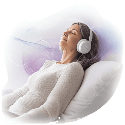 a woman sleeping with headsets on listning to highg frequecy. Neuroenergizer audit. Manifestation tools