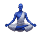 Soul 369 male figure with glowing, light blue skin and white hair sits in a lotus meditation pose. He is wearing a purple robe draped over his shoulders and legs. The background is a solid light purple. Manifestation Mentor.